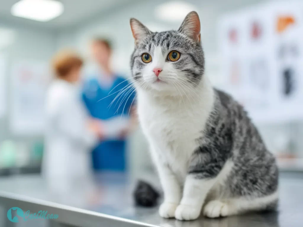 Gray and white cat at clinic evaluation for cat allergy medicine