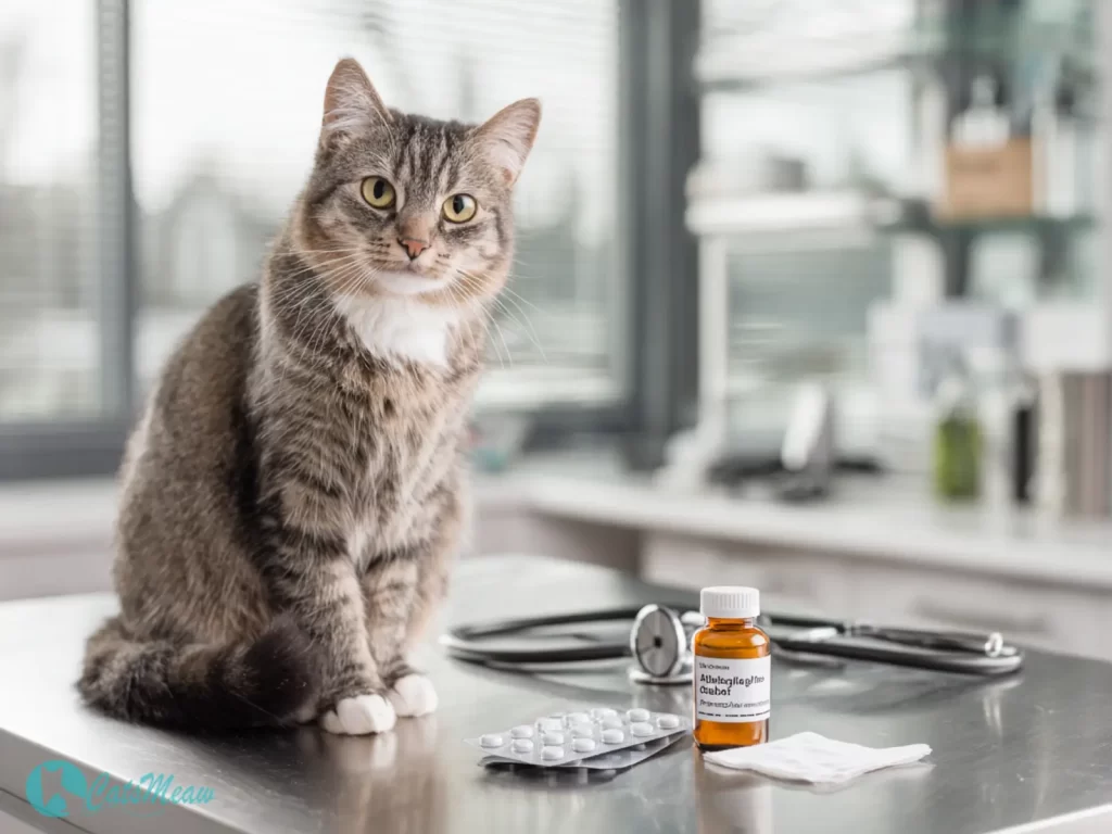 Tabby cat beside prescription bottle showing cat allergy medicine dosing