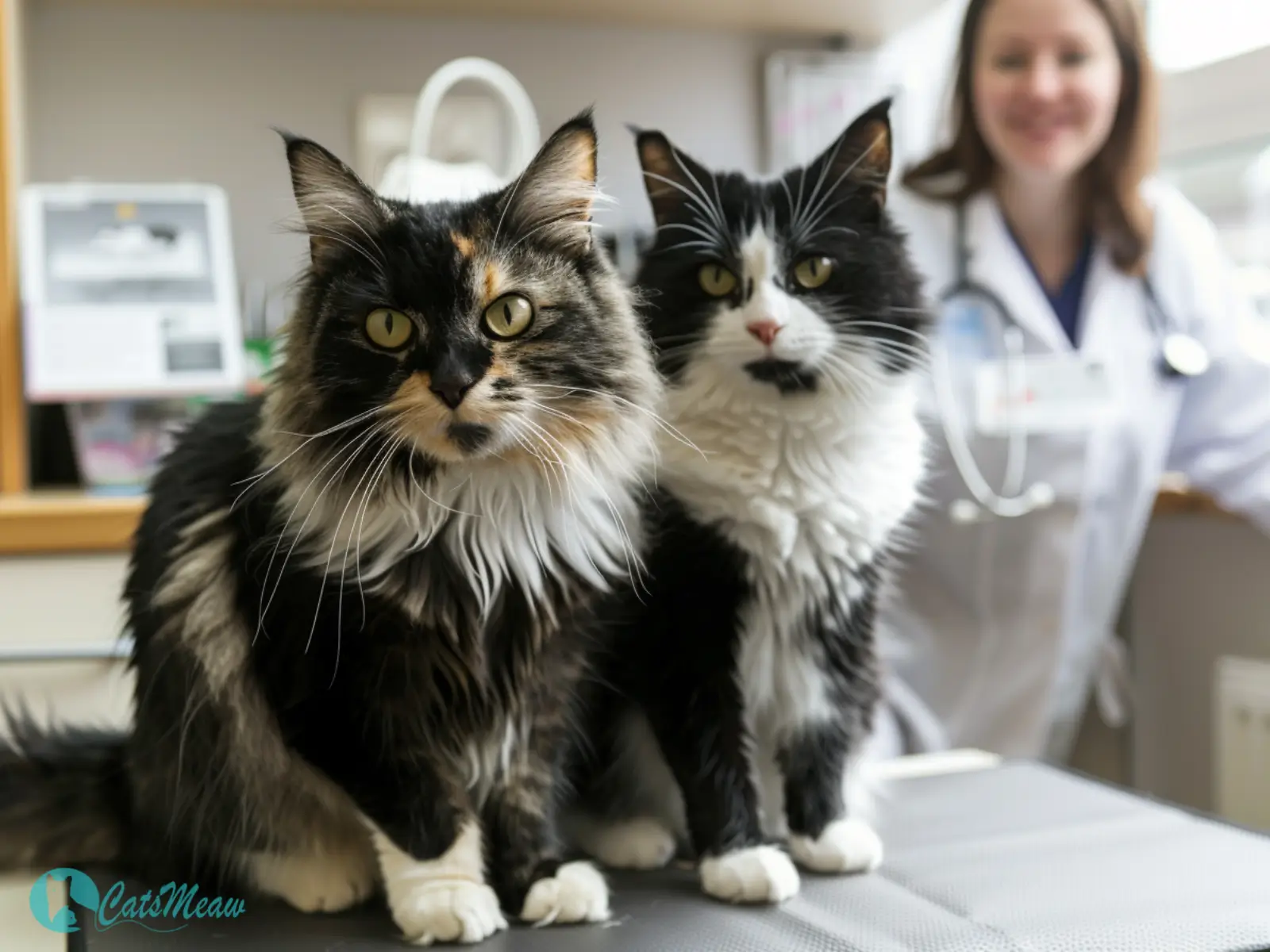Two cats at a vet checkup discussing cat allergy medicine