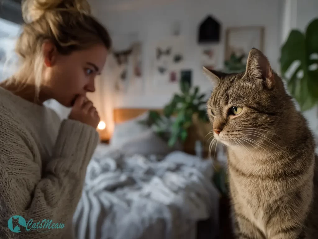 Owner watching coughing cat