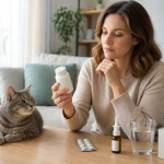 Woman comparing allergy meds for cat dander beside her cat