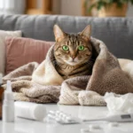 Tabby cat resting under a blanket with generic Medicine for Cats With Allergies and tissues nearby.