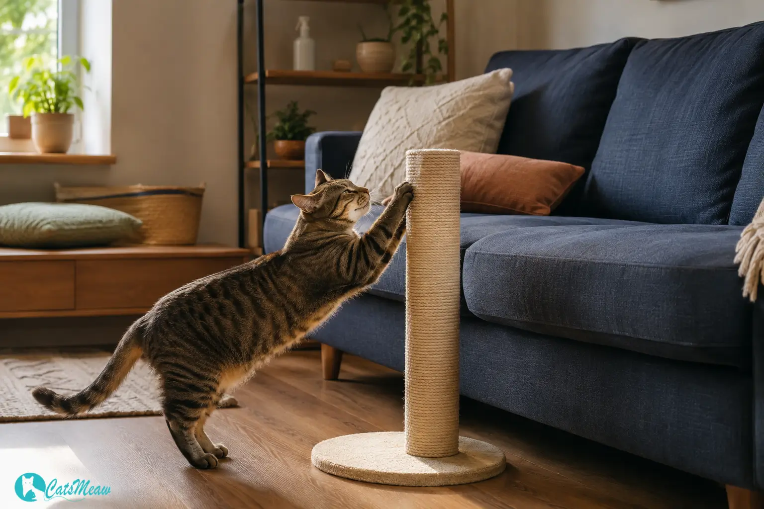 Tabby cat using scratcher beside an undamaged sofa