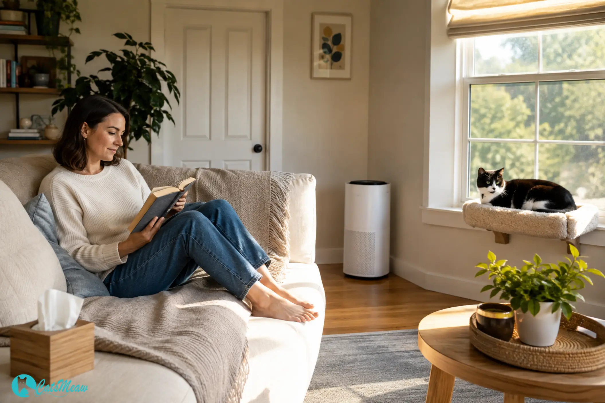 Cat owner relaxing comfortably with cat in clean home